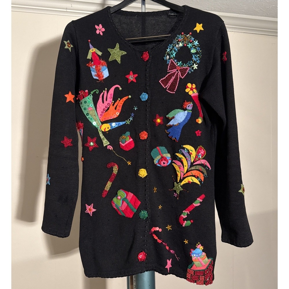 Michael Simon-Women-Christmas Cardiganβ Sweater - Black Embellished Beaded-Small